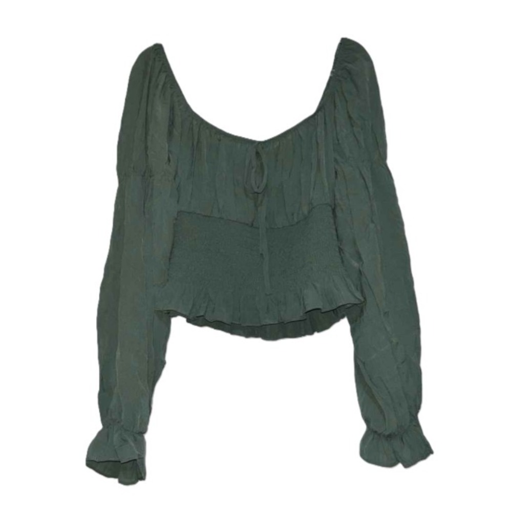 Guess Womens Nadine Boho Cropped Blouse Green Smocked Long Sleeve Top‎ Medium